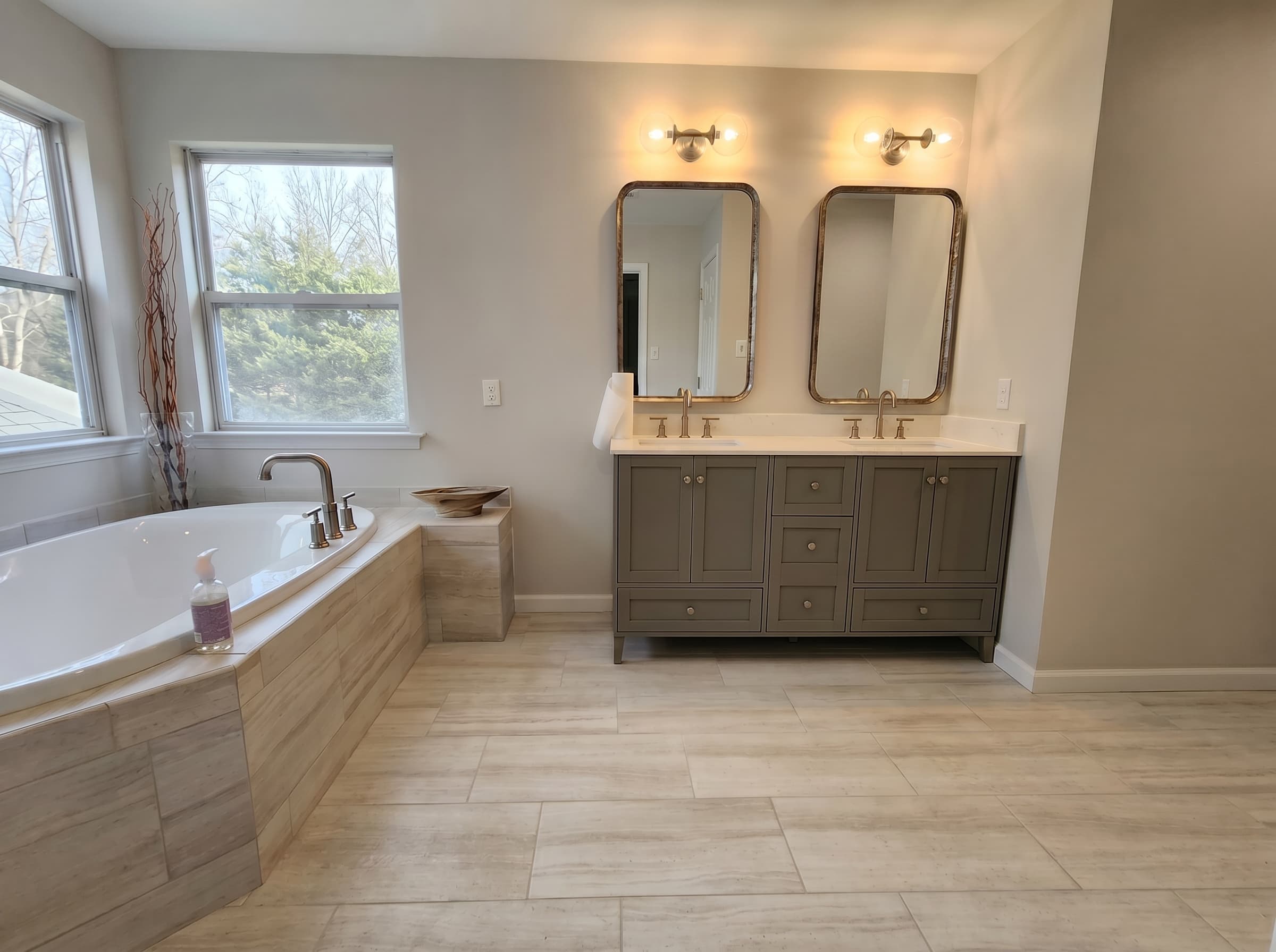 Finished Perkasie bathroom with soaking tub and double vanity